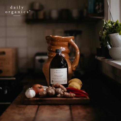 apple cider vinegar liter bottle in kitchen